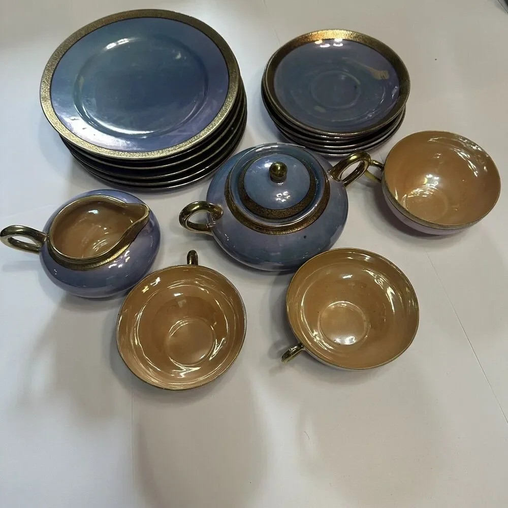 VTG SHOFU Japan 17Pc Blue Gold Lusterware Plate Tea Cup Saucer Cream Sugar READ